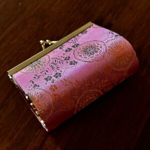 Vintage Silk Floral Jacquard Chinese Brocade Coin Purse Pink Gold Clutch Handbag